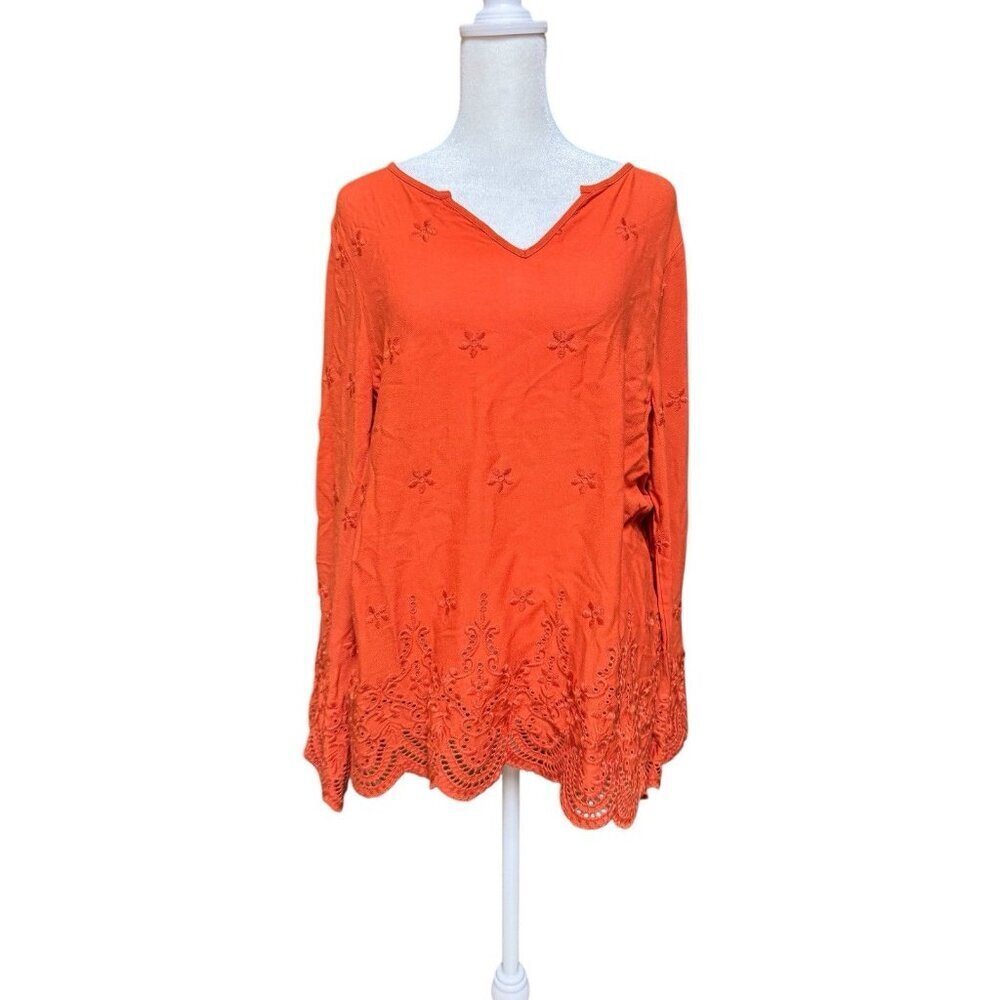LIV Los Angeles Orange Embroidered Eyelet Hem Boho Blouse Medium NWT